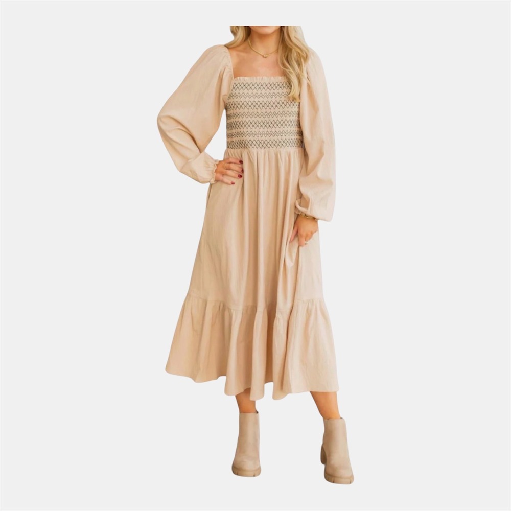 La February‎ Beige Smocked Puff Sleeve Midi Dress Square Neck Tiered Small